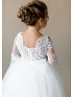 Three Quarter Sleeves Ivory Lace Tulle Sheer Back Flower Girl Dress